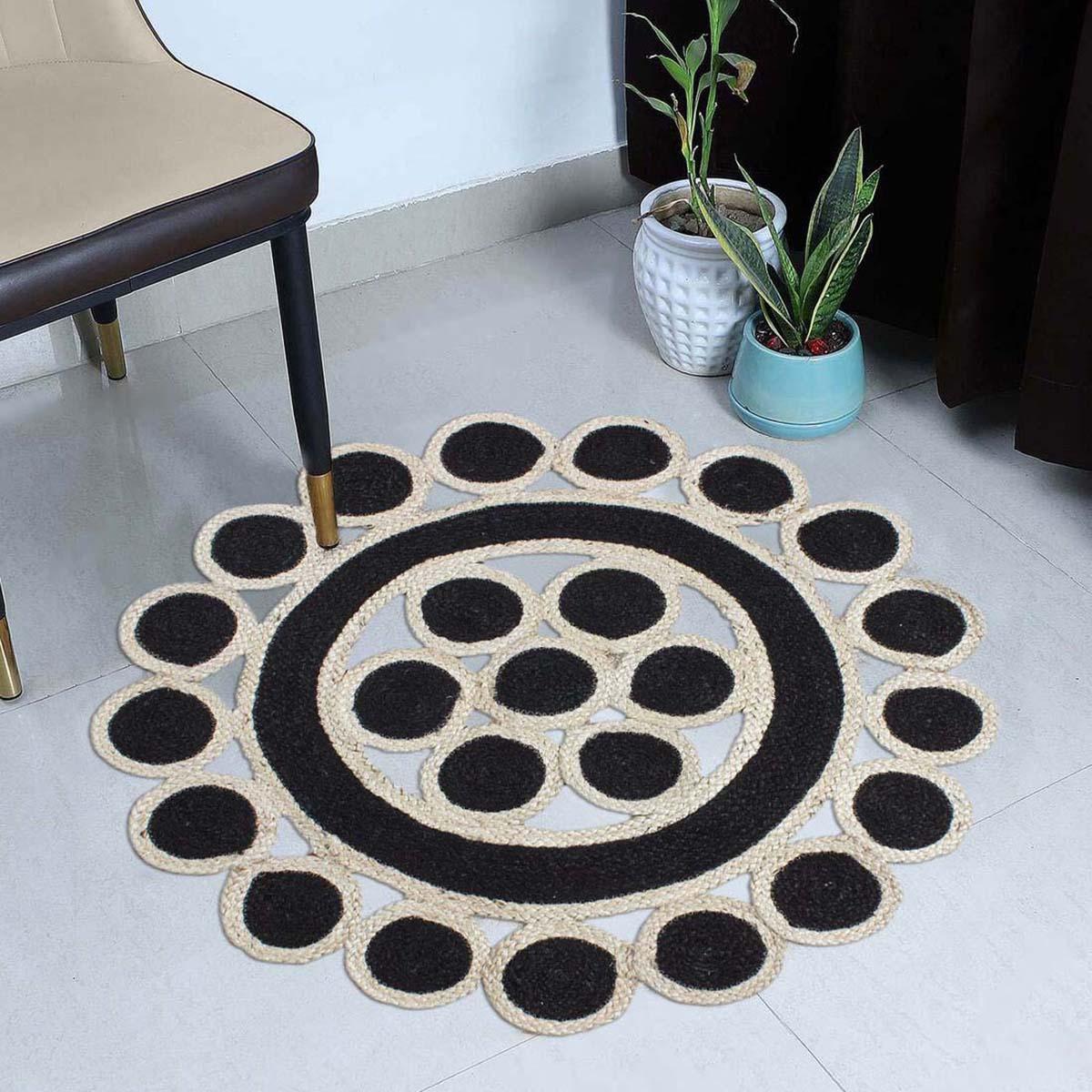 Hand Braided Round Beige Black Dining Room Jute Rug - Indian Rug Store