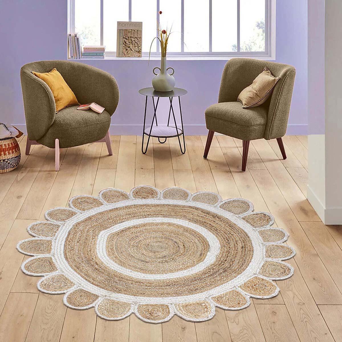 Hand Braided Geometric Beige White Dining Room Jute Rug - Indian Rug Store