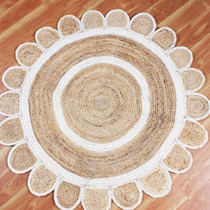 Hand Braided Geometric Beige White Dining Room Jute Rug - Indian Rug Store