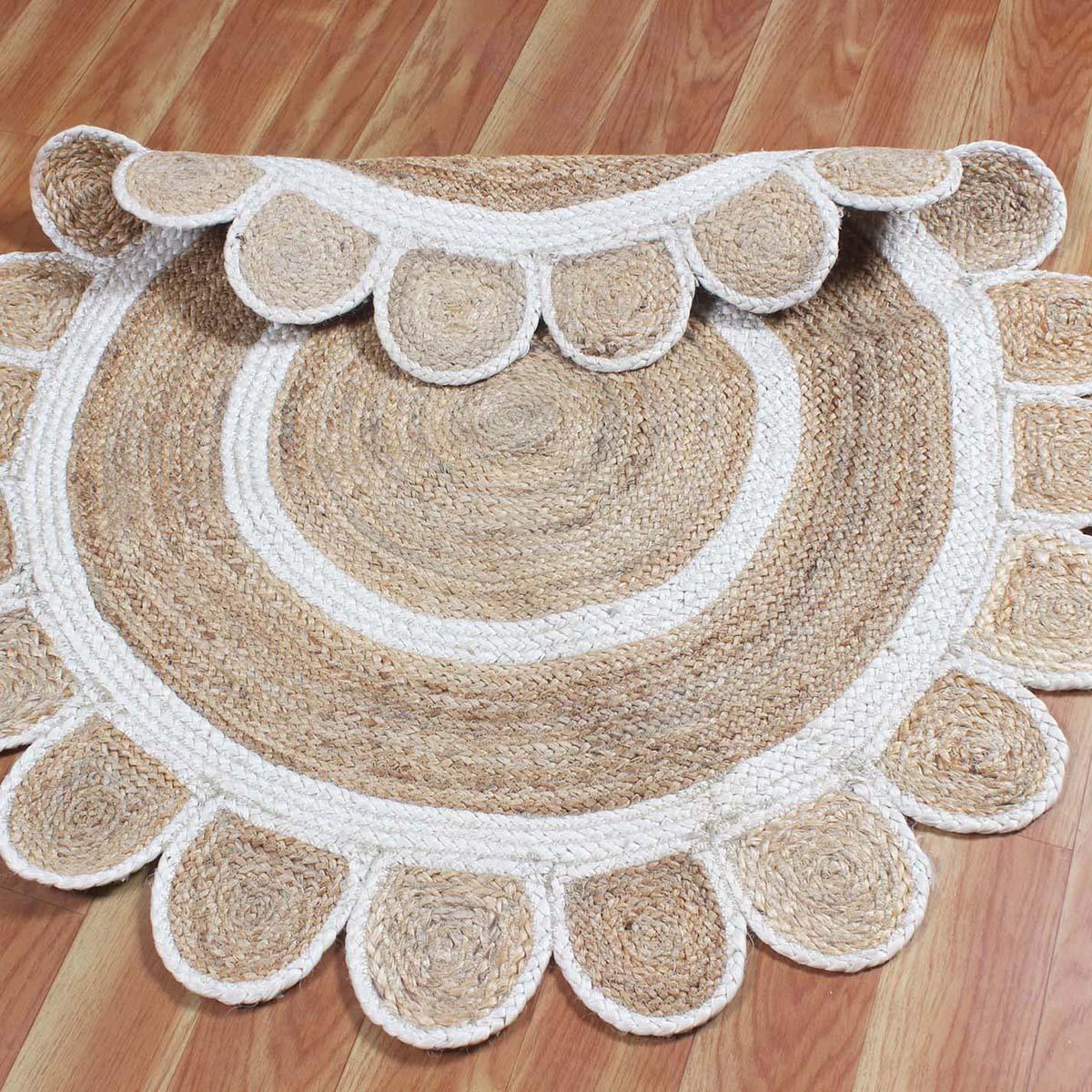 Hand Braided Geometric Beige White Dining Room Jute Rug - Indian Rug Store