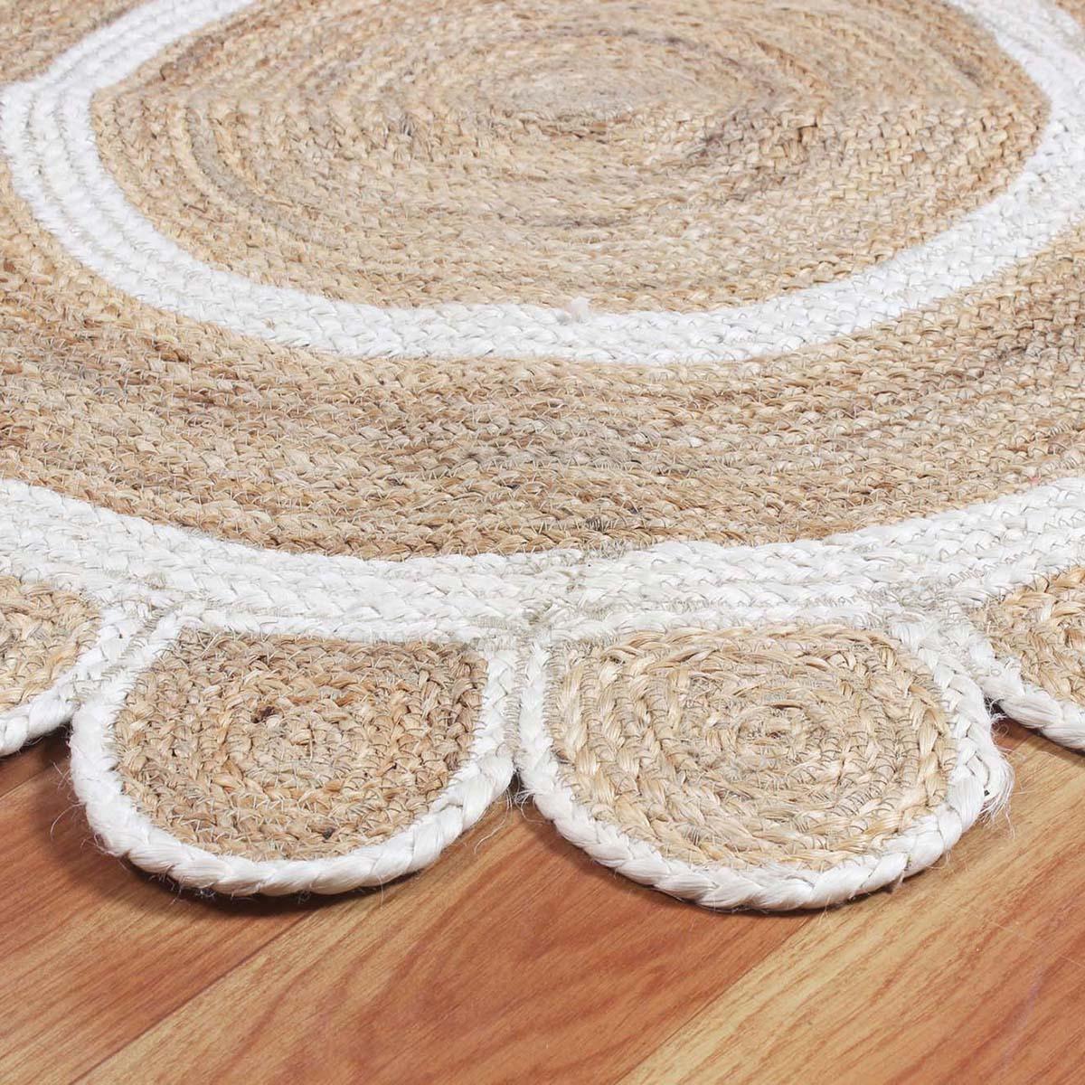 Hand Braided Geometric Beige White Dining Room Jute Rug - Indian Rug Store