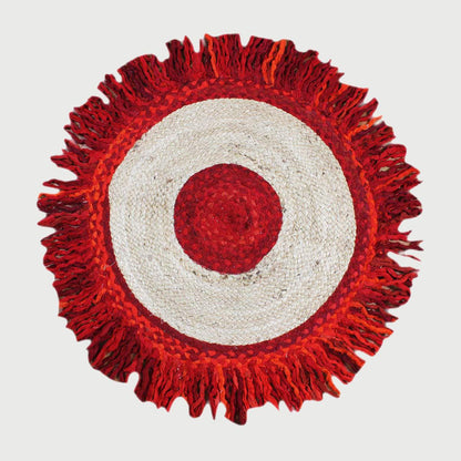 Hand Braided Red Beige Round Living Room Cotton & Jute Rug - Indian Rug Store