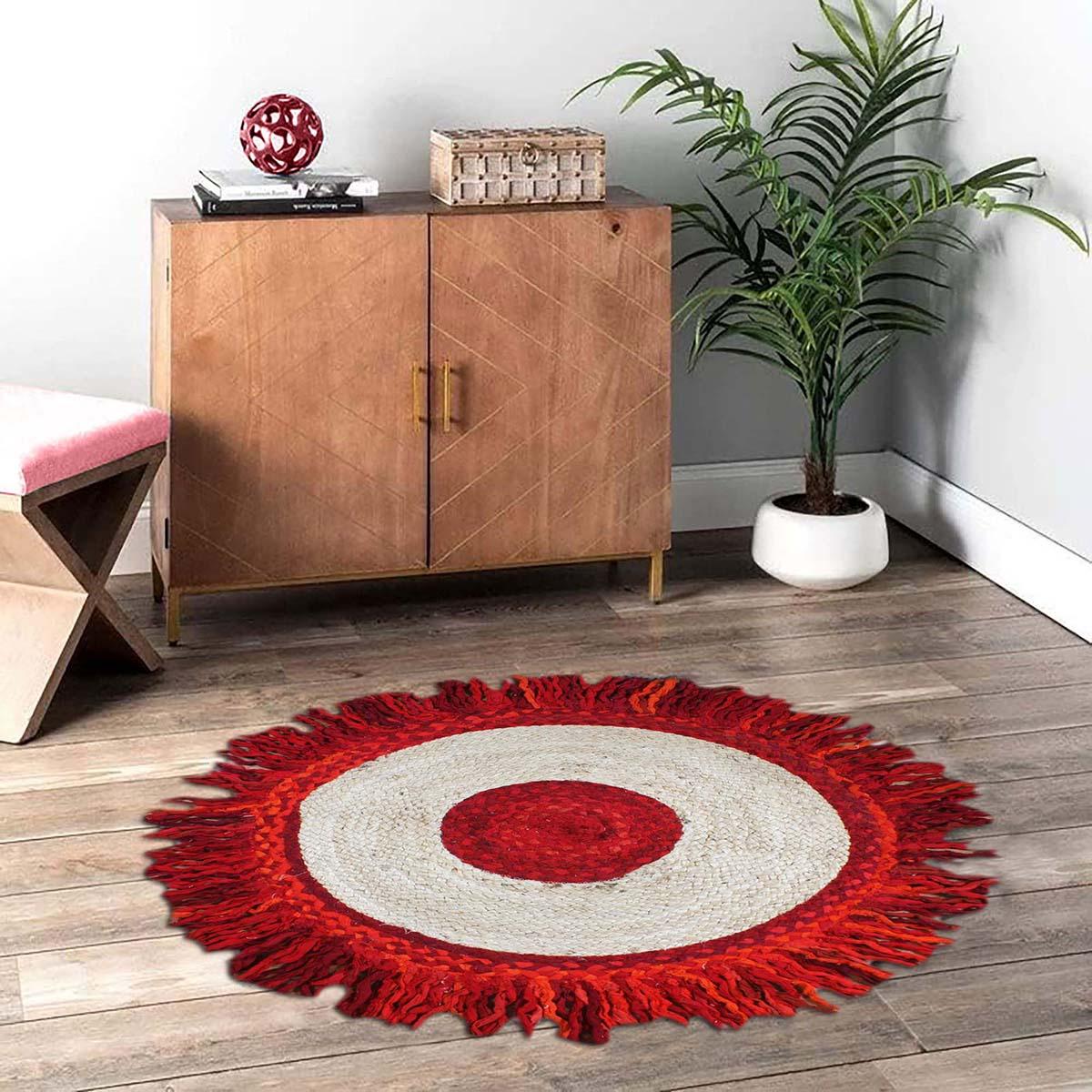 Hand Braided Red Beige Round Living Room Cotton & Jute Rug - Indian Rug Store