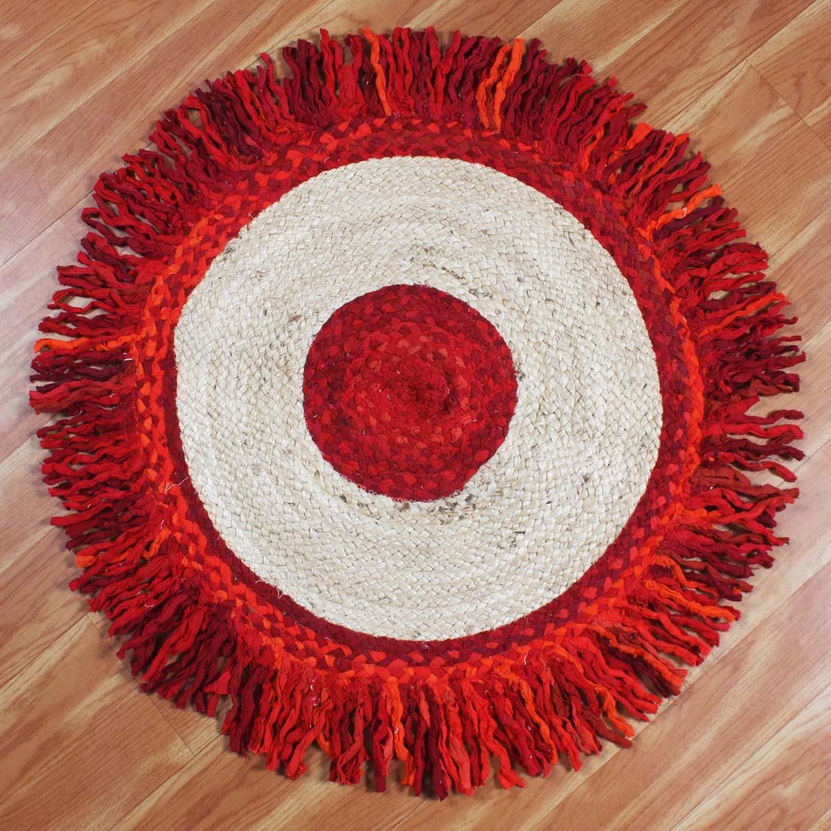 Hand Braided Red Beige Round Living Room Cotton & Jute Rug - Indian Rug Store