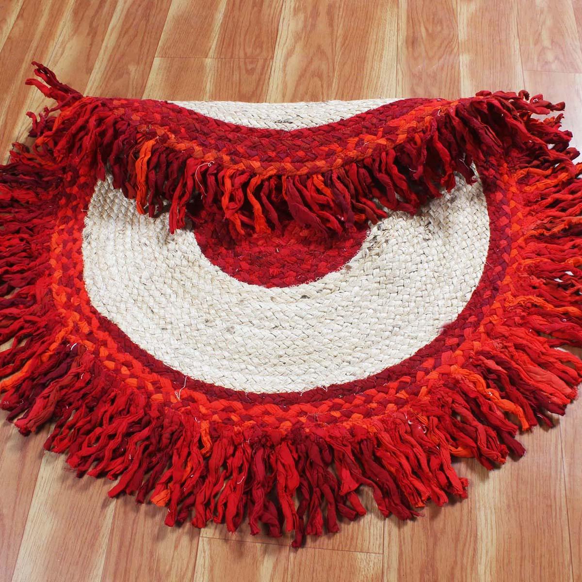 Hand Braided Red Beige Round Living Room Cotton & Jute Rug - Indian Rug Store