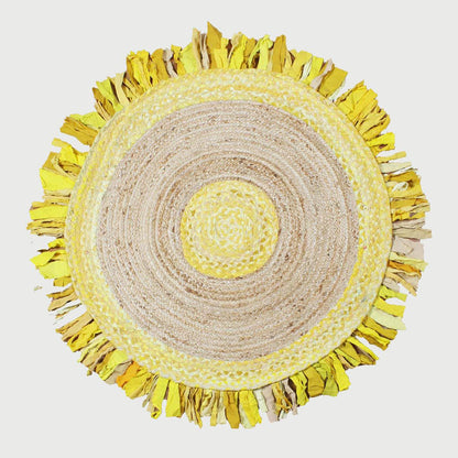 Yellow Beige Dining Room Hand Braided Round Cotton & Jute Rug - Indian Rug Store