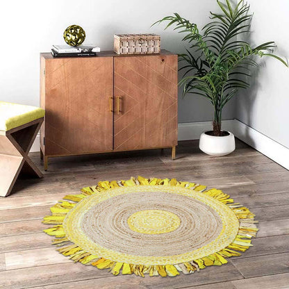 Yellow Beige Dining Room Hand Braided Round Cotton & Jute Rug - Indian Rug Store