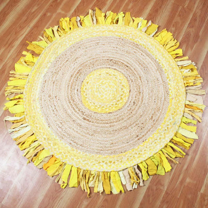 Yellow Beige Dining Room Hand Braided Round Cotton & Jute Rug - Indian Rug Store