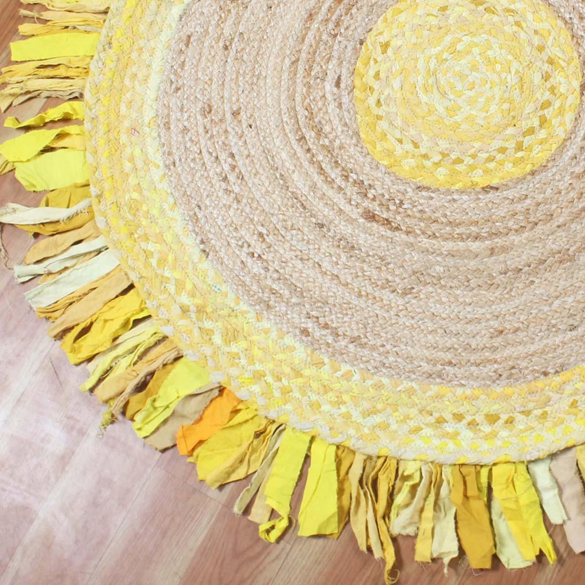 Yellow Beige Dining Room Hand Braided Round Cotton & Jute Rug - Indian Rug Store