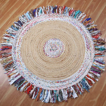 Round Hand Braided Home Decor Beige Multicolor Cotton & Jute Rug - Indian Rug Store