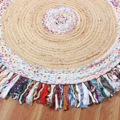 Round Hand Braided Home Decor Beige Multicolor Cotton & Jute Rug - Indian Rug Store