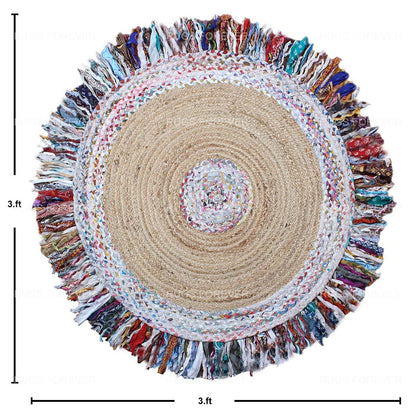 Round Hand Braided Home Decor Beige Multicolor Cotton & Jute Rug - Indian Rug Store