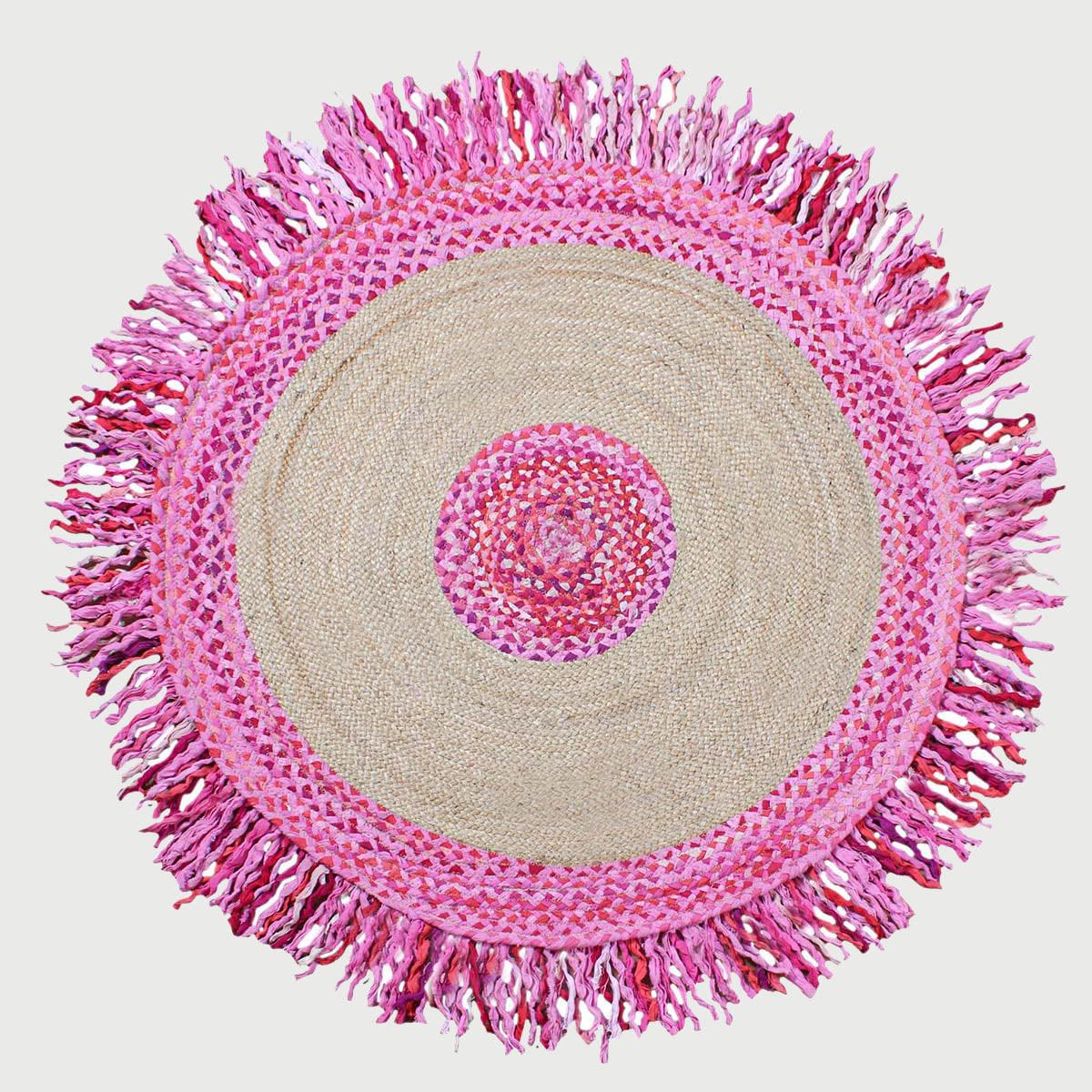 Hand Braided Round Pink & Beige Living Room Cotton & Jute Rug - Indian Rug Store