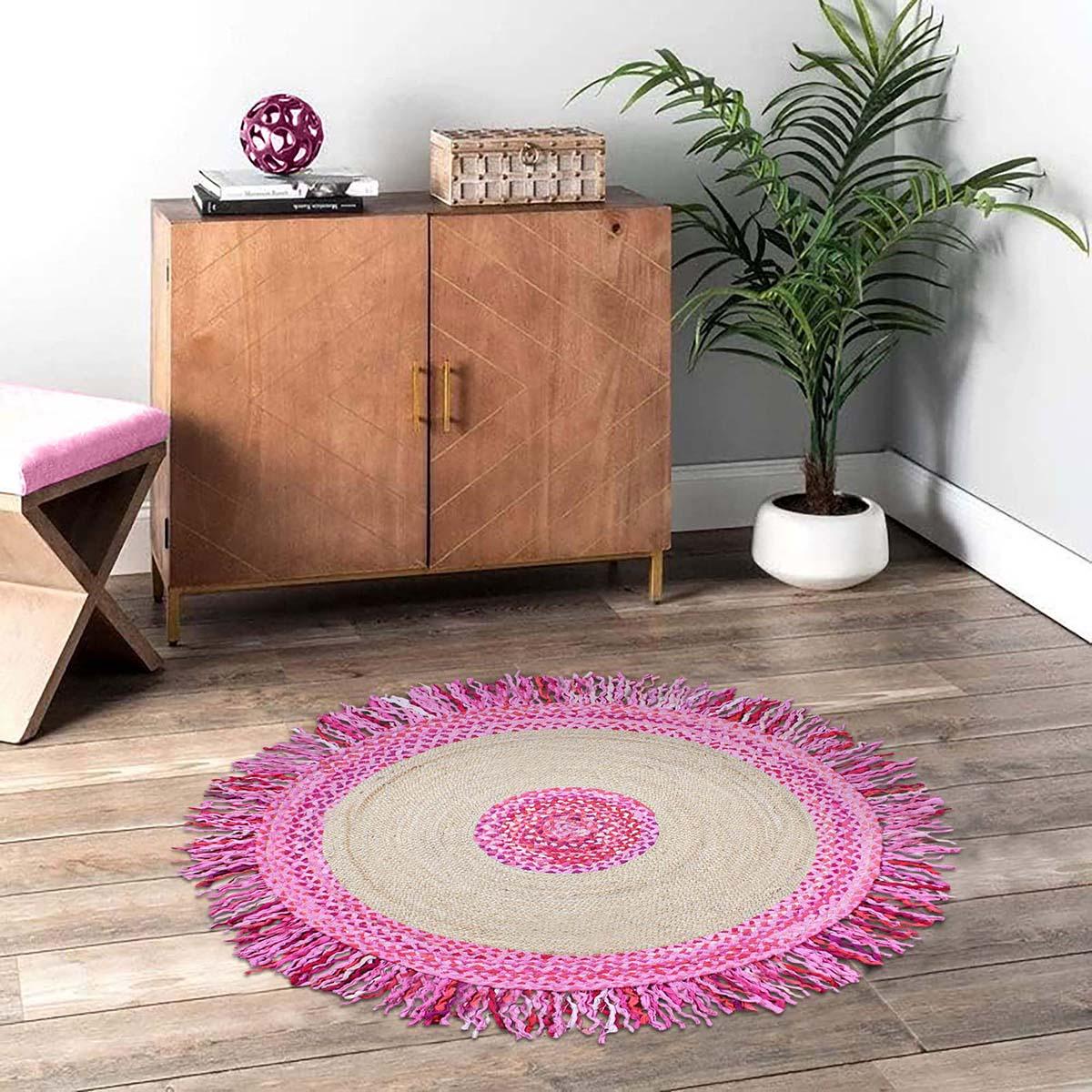 Hand Braided Round Pink & Beige Living Room Cotton & Jute Rug - Indian Rug Store