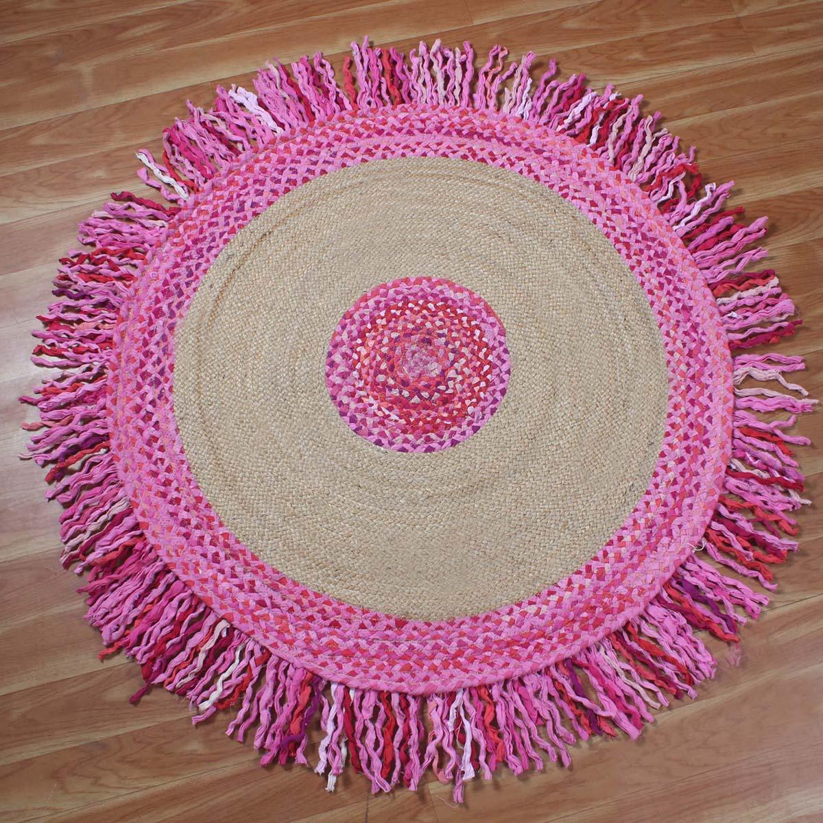 Hand Braided Round Pink & Beige Living Room Cotton & Jute Rug - Indian Rug Store