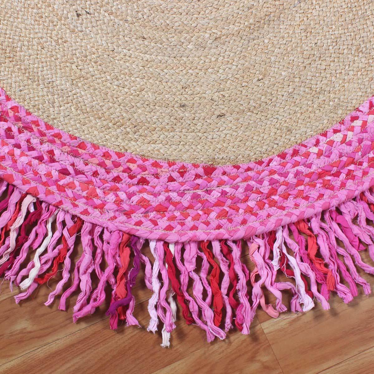 Hand Braided Round Pink & Beige Living Room Cotton & Jute Rug - Indian Rug Store