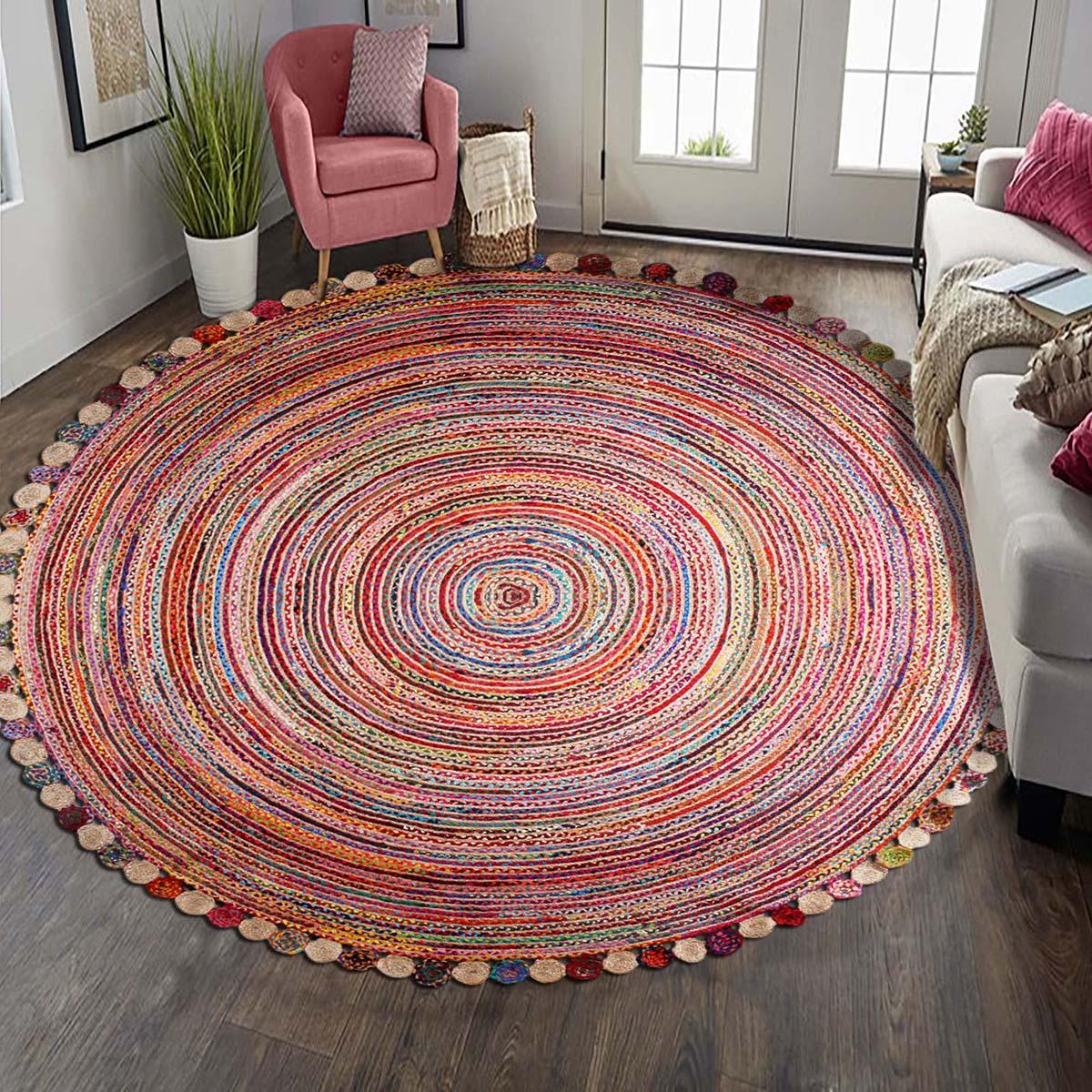 Beige Multicolor Geometric Hand Braided Living Room Cotton & Jute Rug - Indian Rug Store