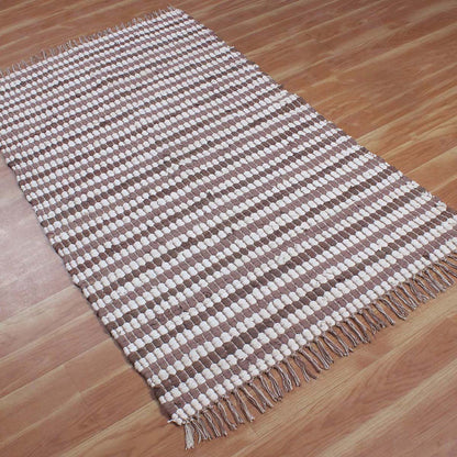 Hand Braided Living Room Brown White Geometric Cotton Rug - Indian Rug Store