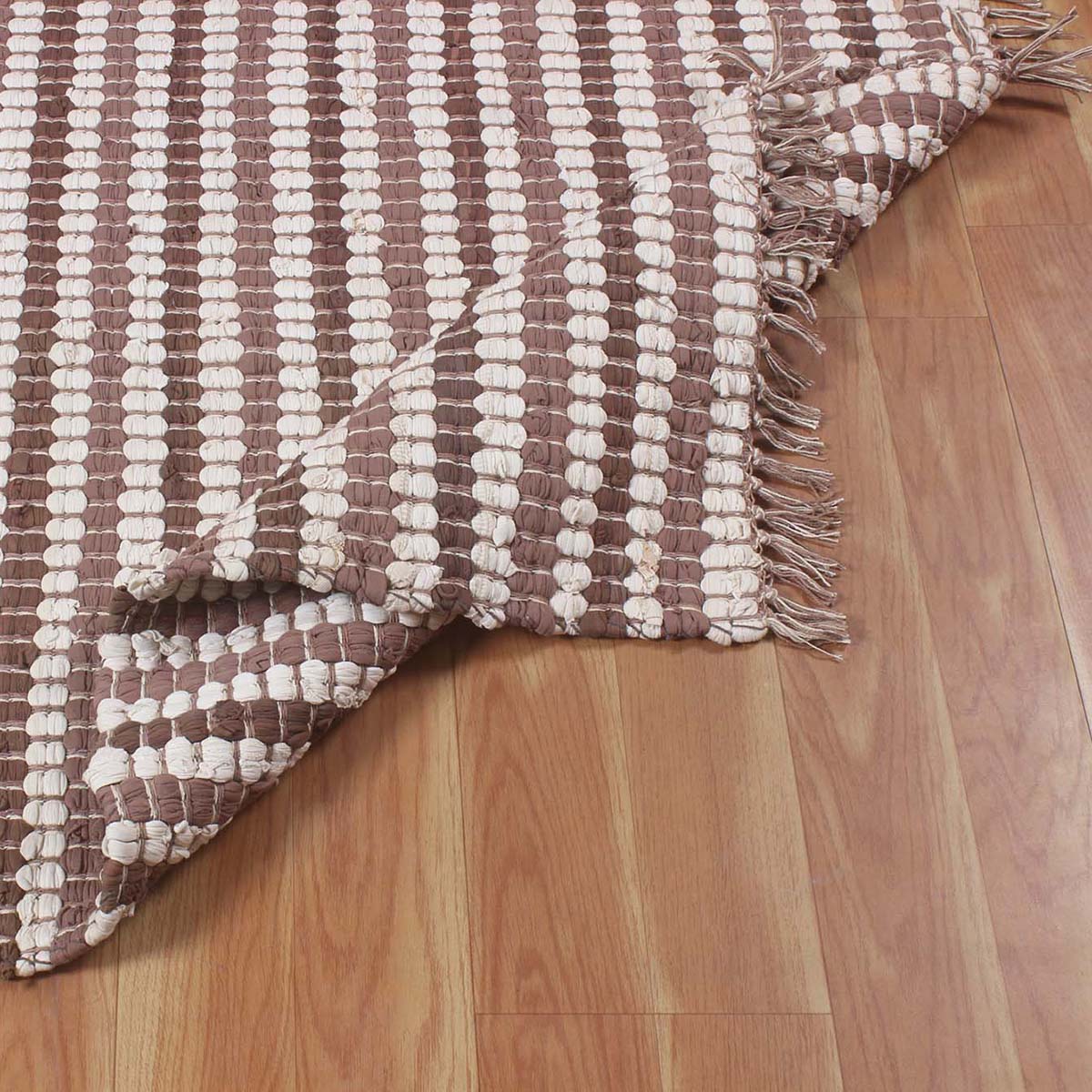 Hand Braided Living Room Brown White Geometric Cotton Rug - Indian Rug Store