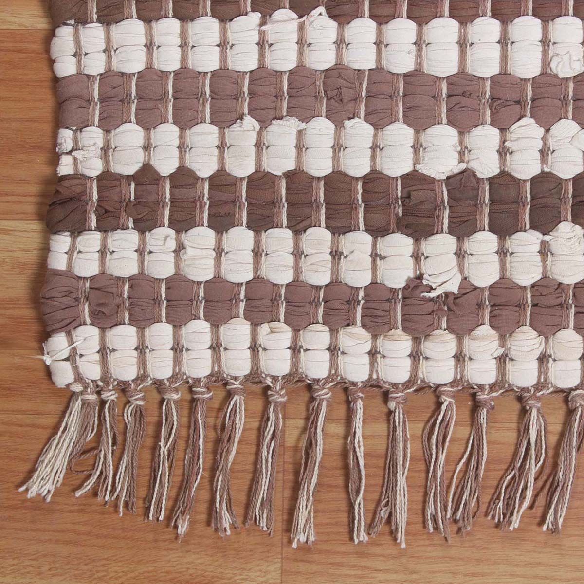 Hand Braided Living Room Brown White Geometric Cotton Rug - Indian Rug Store