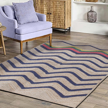 Geometric Hand Braided Blue Multicolor Hallway Runner Jute Rug - Indian Rug Store