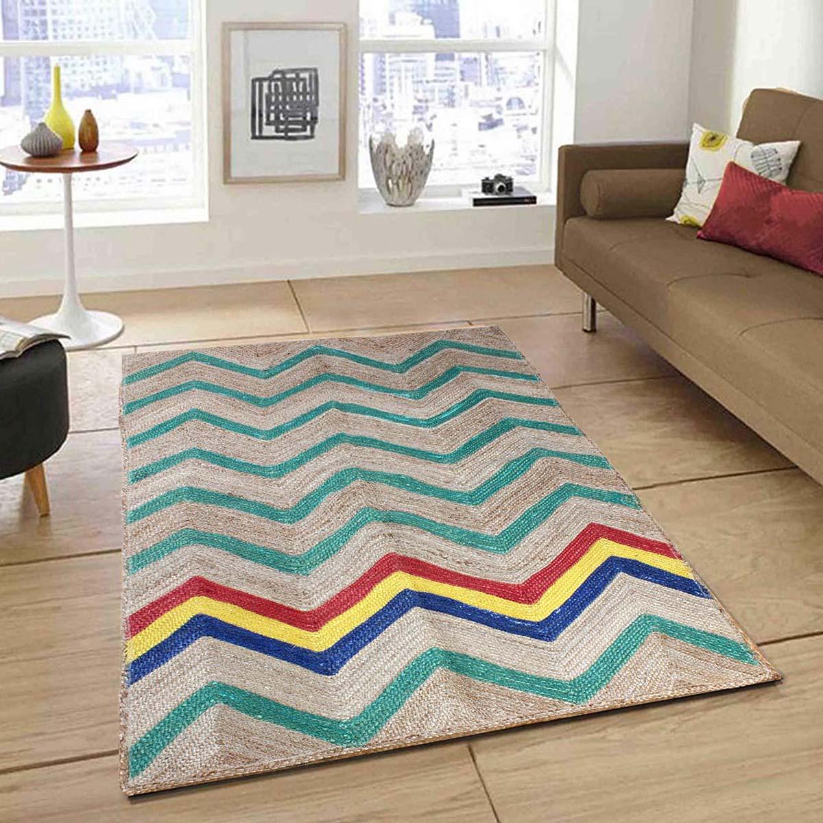 Hand Braided Geometric Green Multicolor Hallway Runner Jute Rug - Indian Rug Store