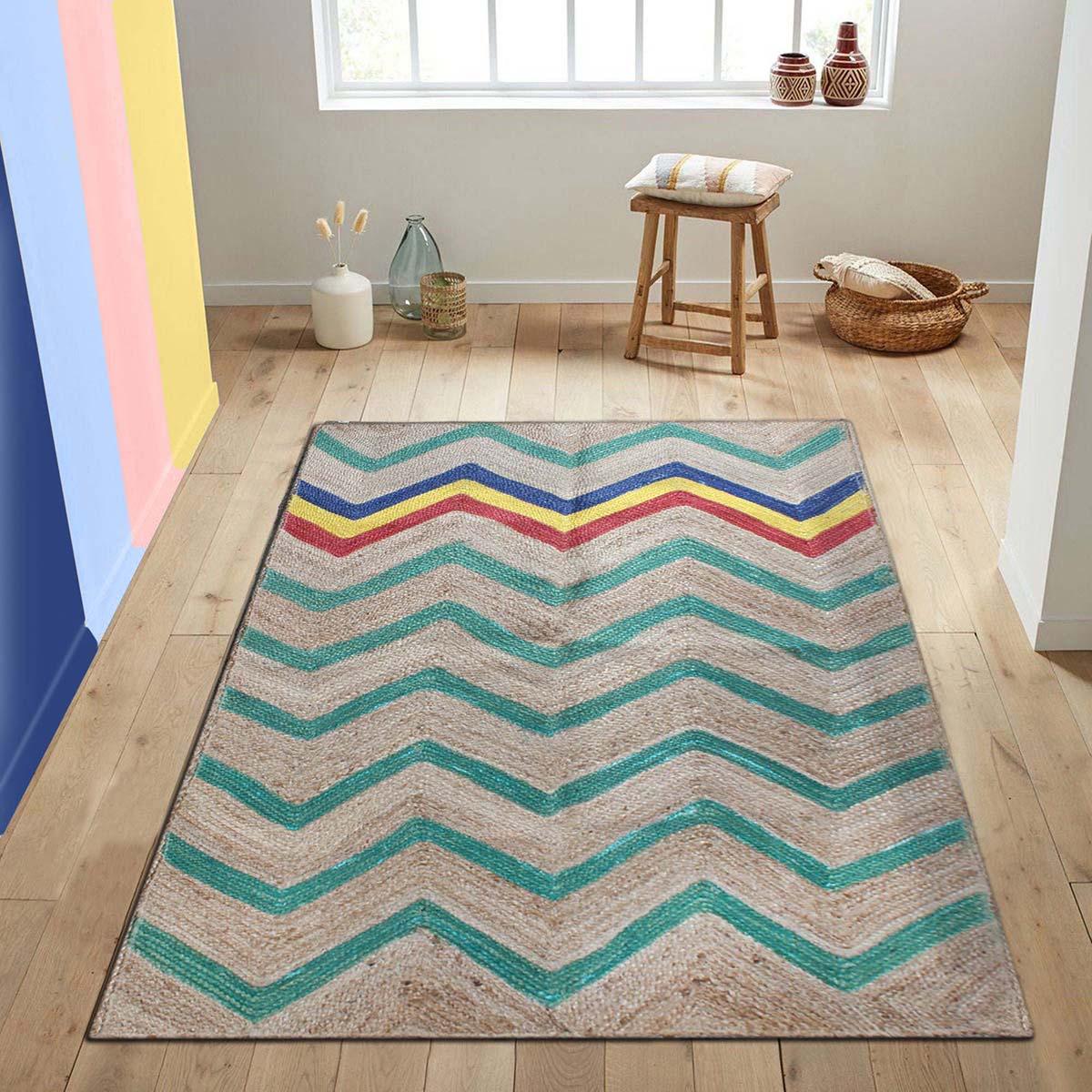 Hand Braided Geometric Green Multicolor Hallway Runner Jute Rug - Indian Rug Store