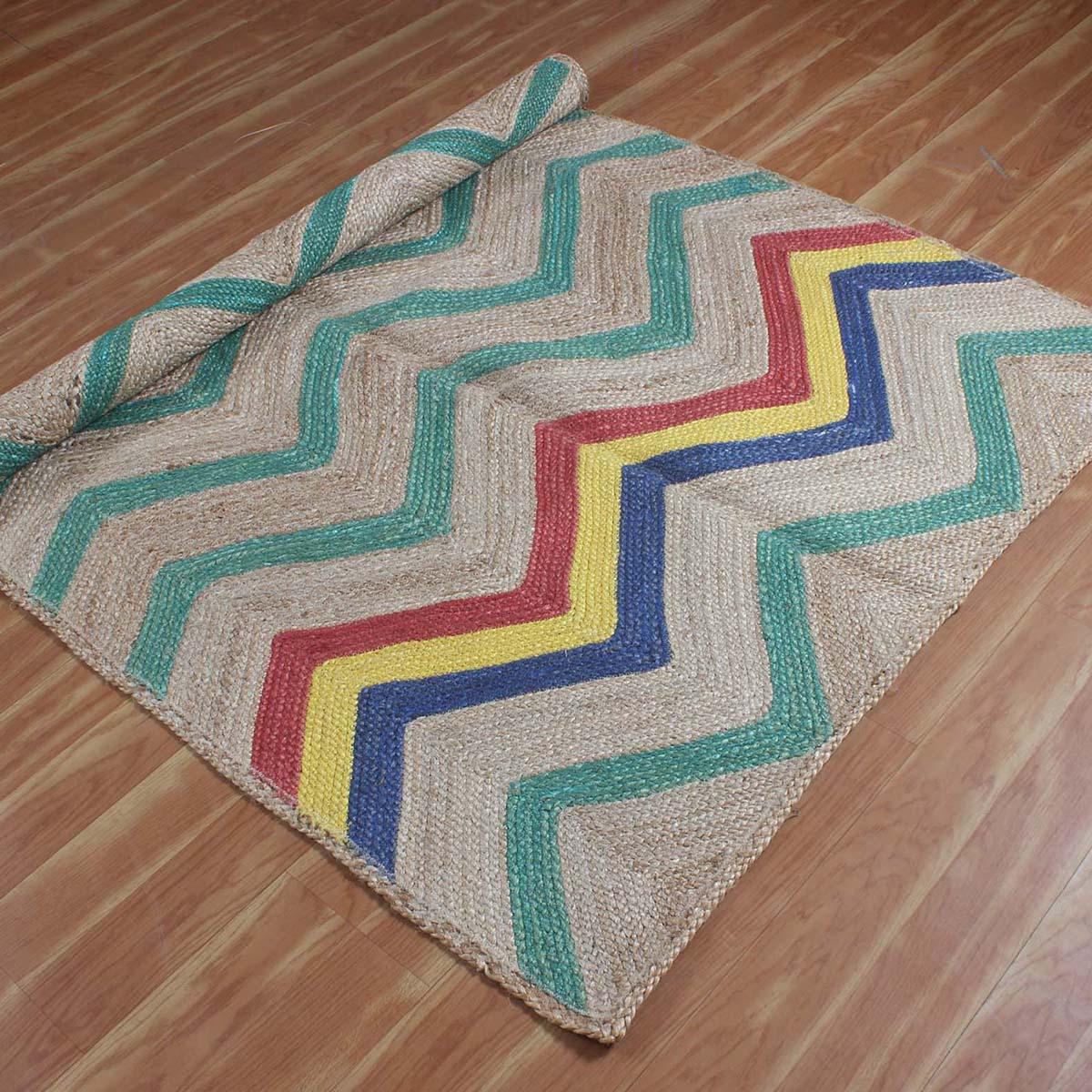 Hand Braided Geometric Green Multicolor Hallway Runner Jute Rug - Indian Rug Store