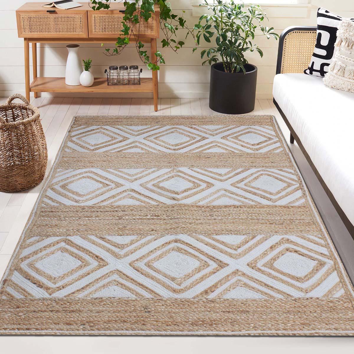 Hand Braided Geomeetric Beige White Hallway Runner Jute Rug - Indian Rug Store