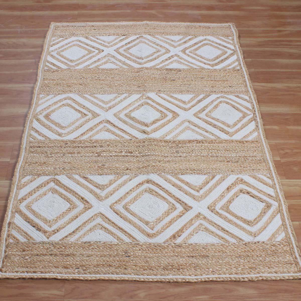 Hand Braided Geomeetric Beige White Hallway Runner Jute Rug - Indian Rug Store