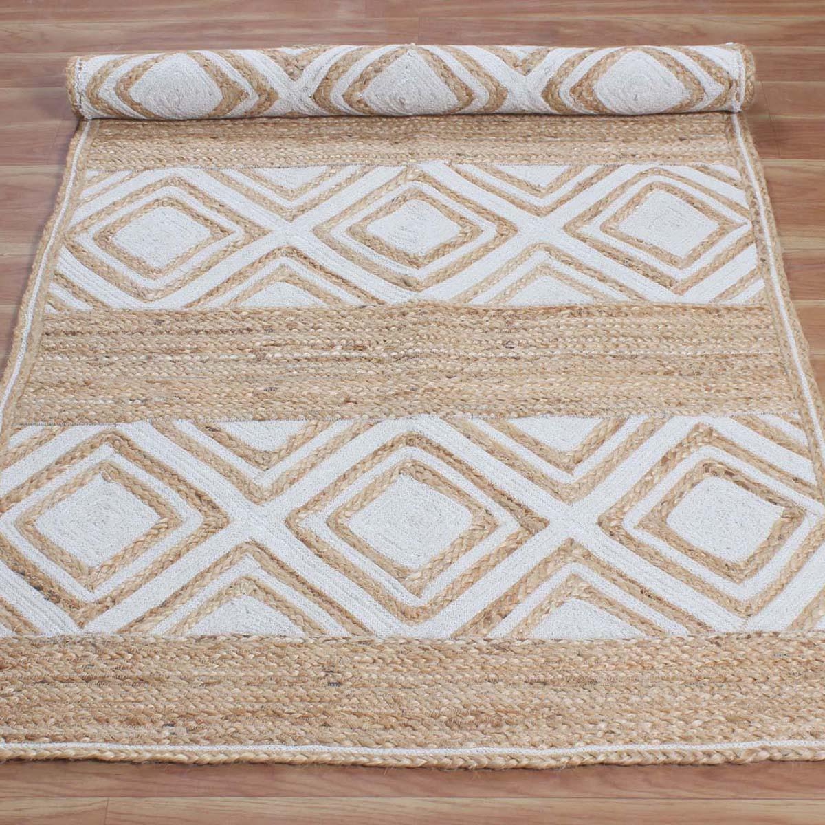 Hand Braided Geomeetric Beige White Hallway Runner Jute Rug - Indian Rug Store