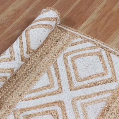 Hand Braided Geomeetric Beige White Hallway Runner Jute Rug - Indian Rug Store