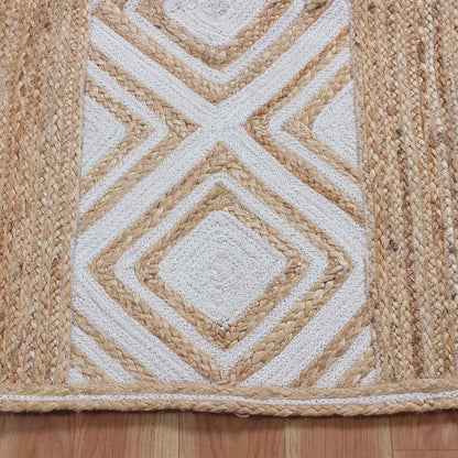 Hand Braided Geomeetric Beige White Hallway Runner Jute Rug - Indian Rug Store