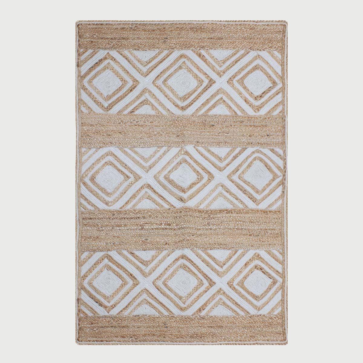 Hand Braided Geomeetric Beige White Hallway Runner Jute Rug - Indian Rug Store