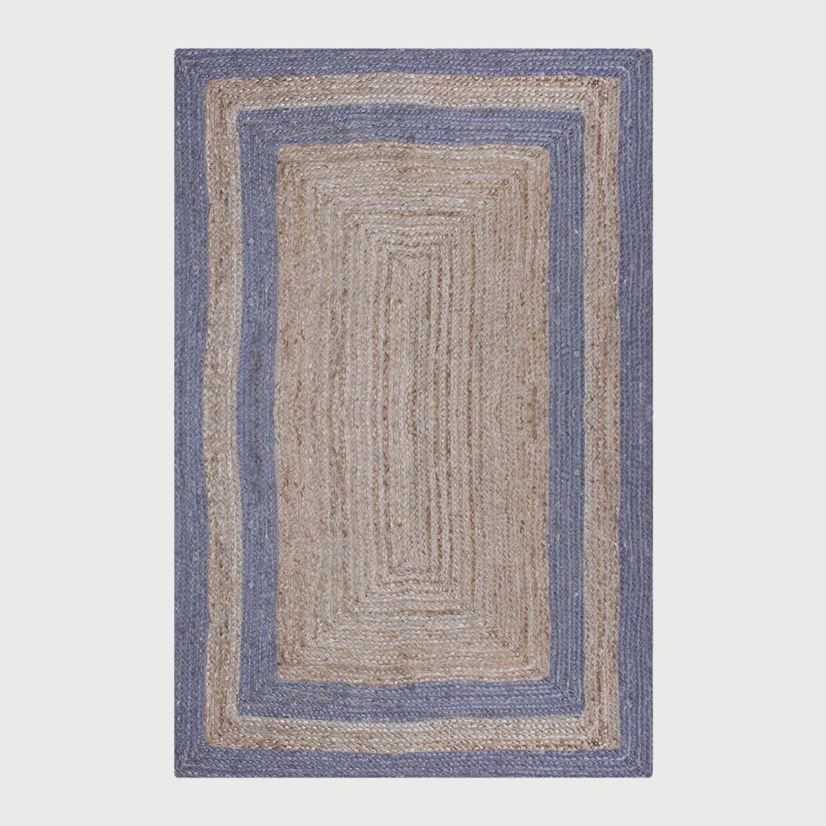 Geometric Hand Braded Beige Blue Living Room Jute Rug - Indian Rug Store