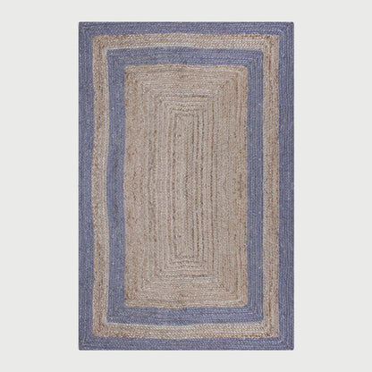 Geometric Hand Braded Beige Blue Living Room Jute Rug - Indian Rug Store