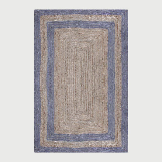 Geometric Hand Braded Beige Blue Living Room Jute Rug - Indian Rug Store