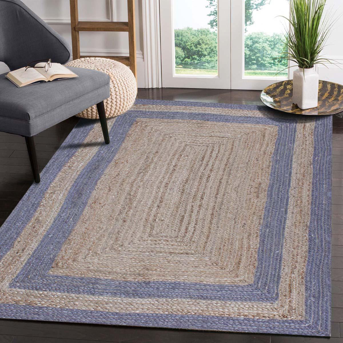 Geometric Hand Braded Beige Blue Living Room Jute Rug - Indian Rug Store