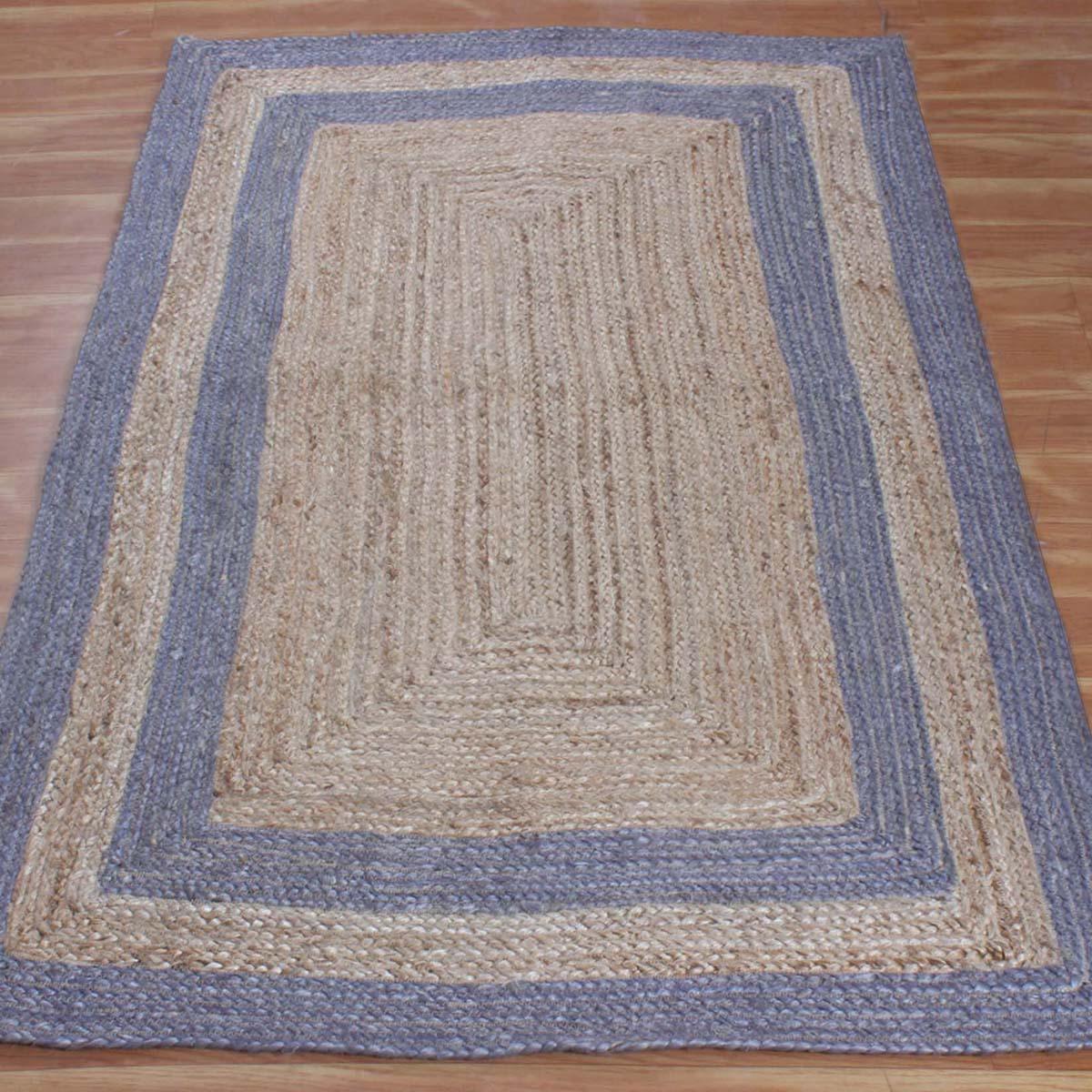 Geometric Hand Braded Beige Blue Living Room Jute Rug - Indian Rug Store