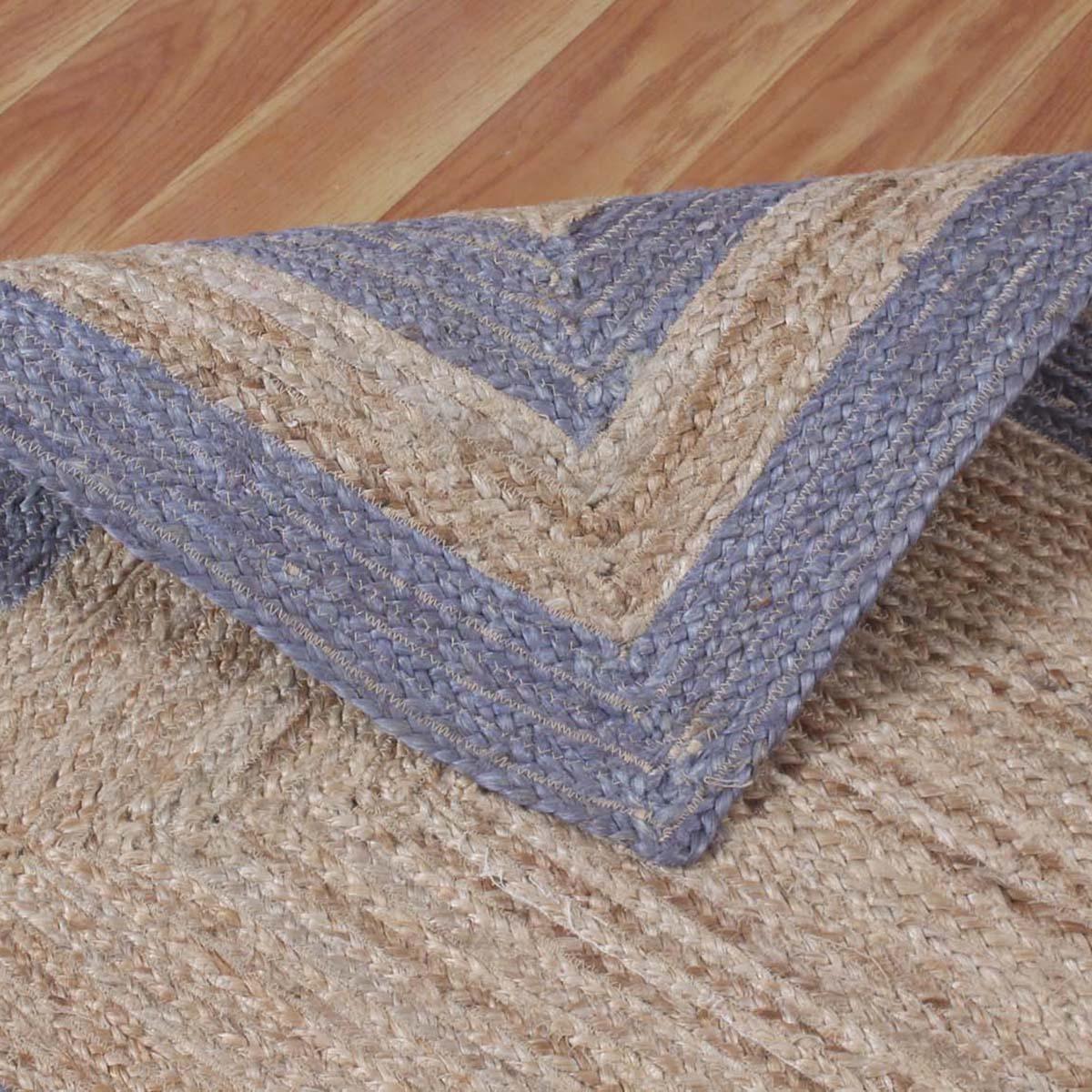 Geometric Hand Braded Beige Blue Living Room Jute Rug - Indian Rug Store