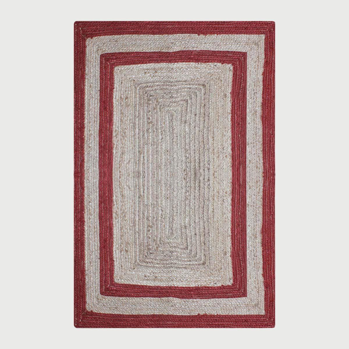 Geometric Hand Braded Beige Red Living Room Jute Rug - Indian Rug Store