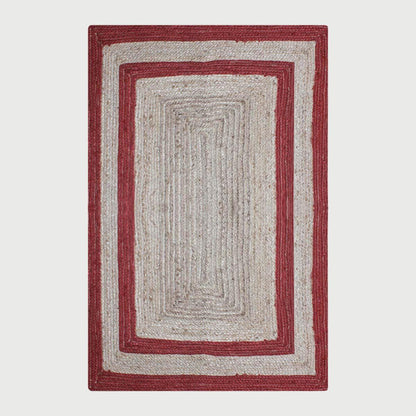 Geometric Hand Braded Beige Red Living Room Jute Rug - Indian Rug Store