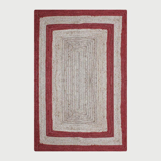 Geometric Hand Braded Beige Red Living Room Jute Rug - Indian Rug Store