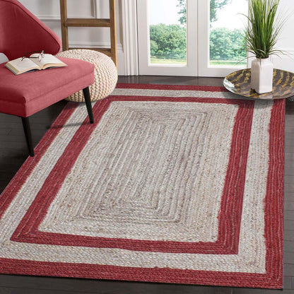 Geometric Hand Braded Beige Red Living Room Jute Rug - Indian Rug Store