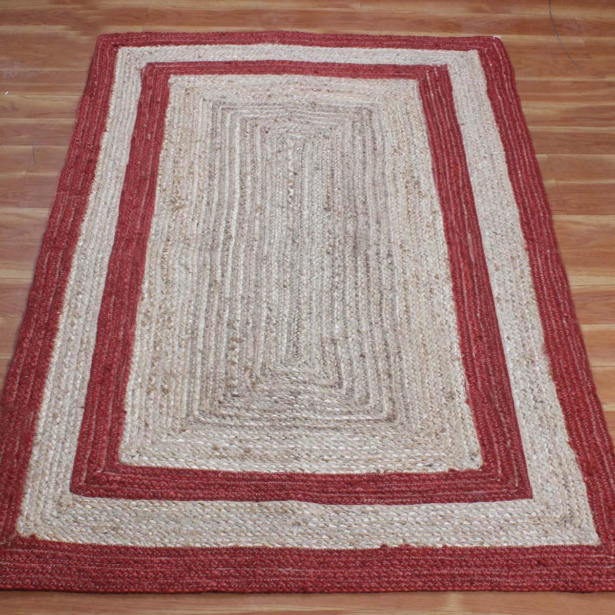 Geometric Hand Braded Beige Red Living Room Jute Rug - Indian Rug Store