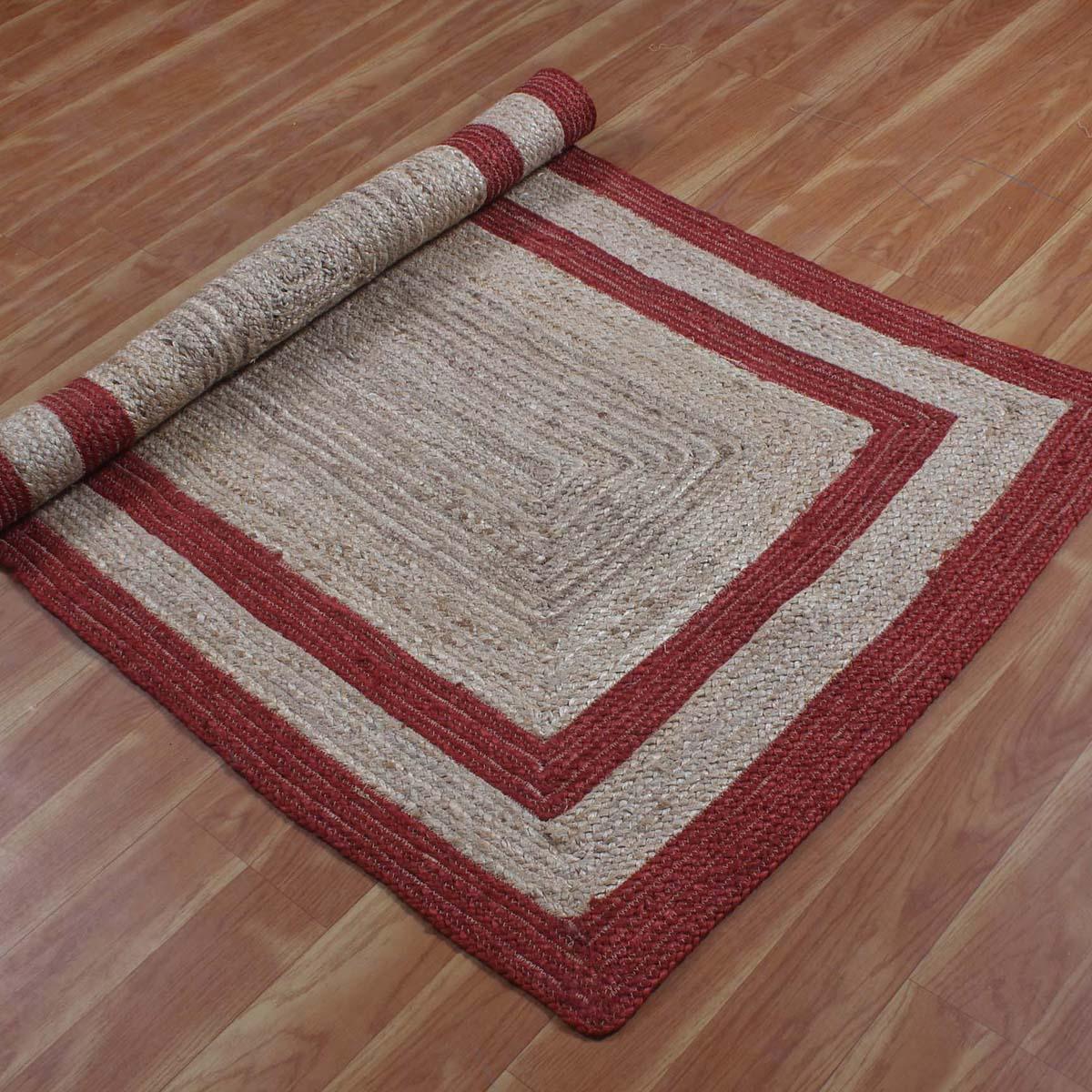 Geometric Hand Braded Beige Red Living Room Jute Rug - Indian Rug Store