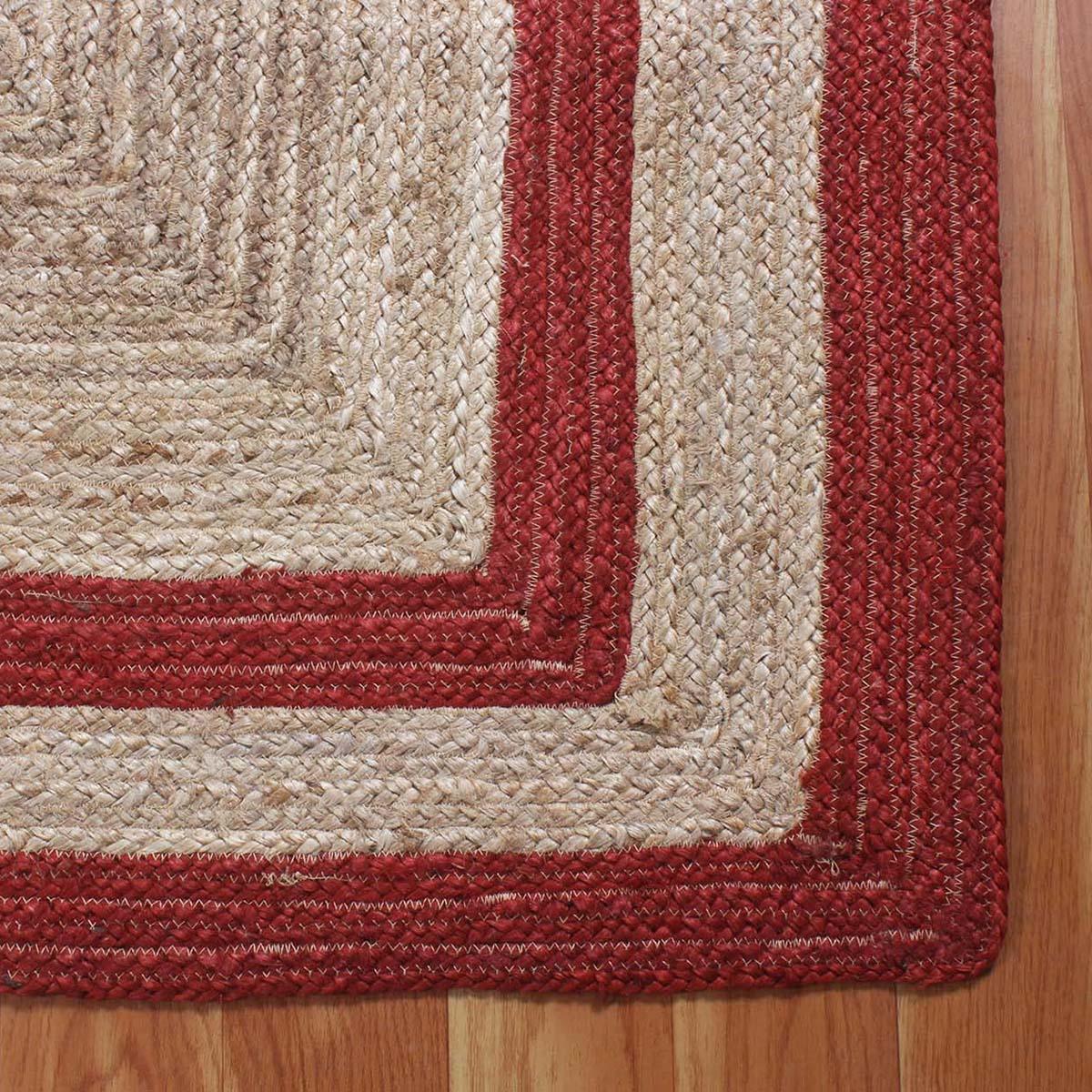 Geometric Hand Braded Beige Red Living Room Jute Rug - Indian Rug Store