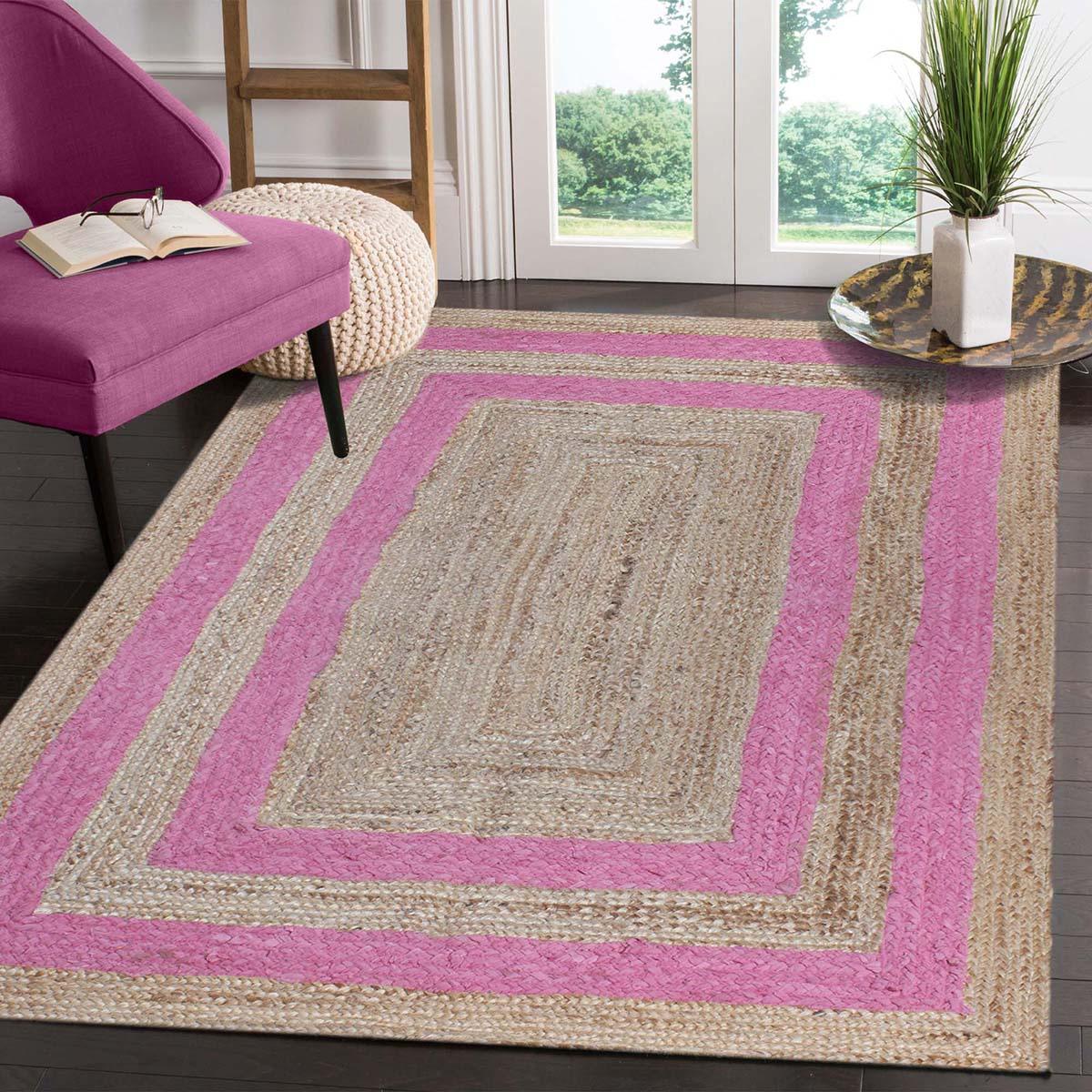 Geometric Hand Braded Beige pink Living Room Jute Rug - Indian Rug Store