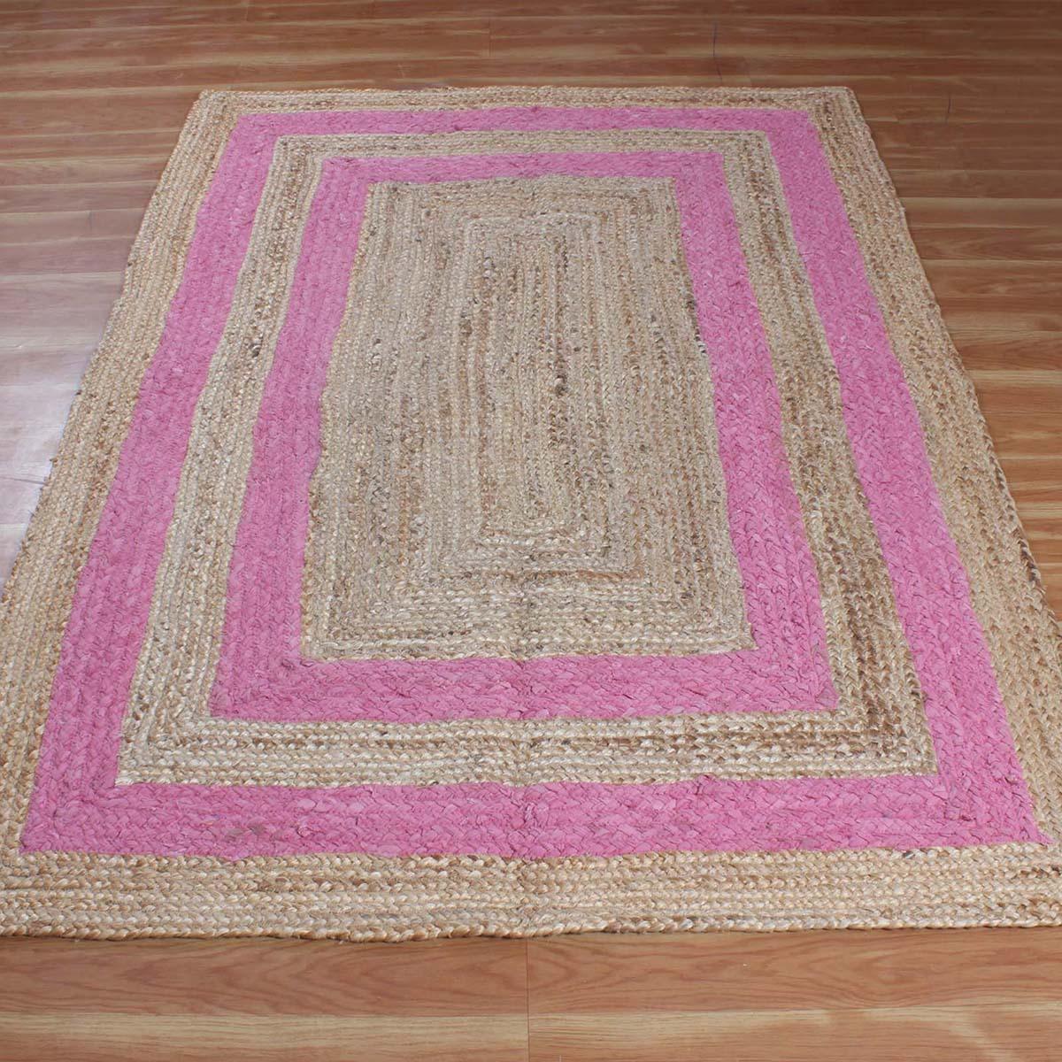 Geometric Hand Braded Beige pink Living Room Jute Rug - Indian Rug Store