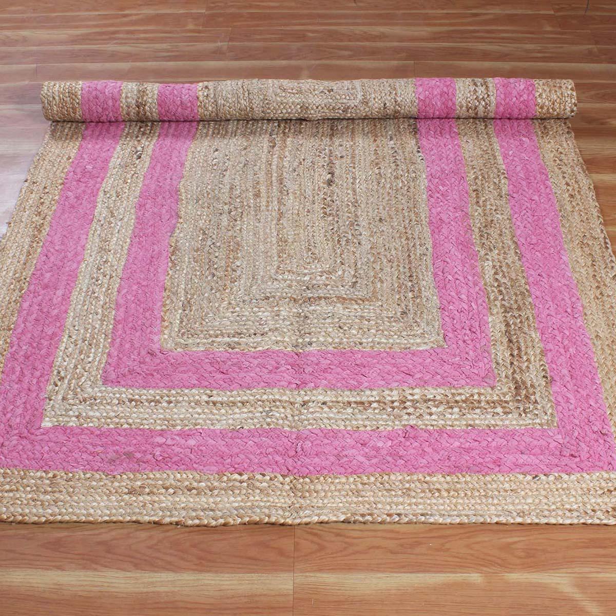 Geometric Hand Braded Beige pink Living Room Jute Rug - Indian Rug Store